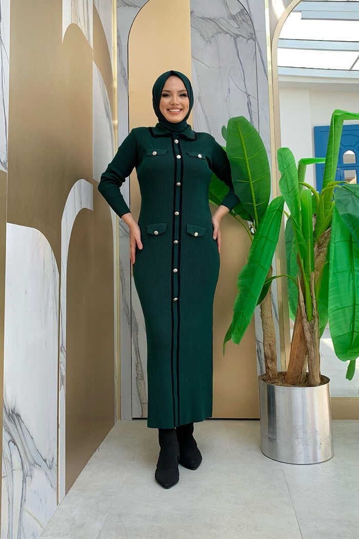 Bym Fashion Button Detailed Pocket Look Knitted Tight Dress 23312 Emerald - Image 1