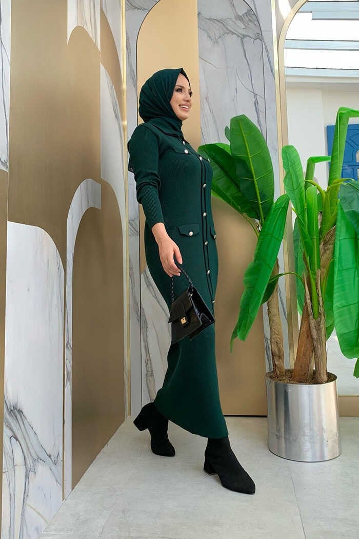 Bym Fashion Button Detailed Pocket Look Knitted Tight Dress 23312 Emerald - Image 2