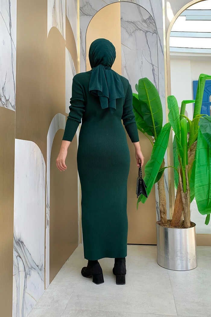 Bym Fashion Button Detailed Pocket Look Knitted Tight Dress 23312 Emerald - Image 3