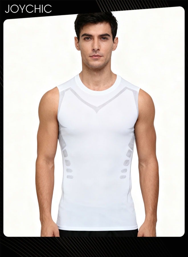 جوي شيك سترة رياضية للرجال سريعة الجفاف وقابلة للتنفس، لباس ضيق عالي المرونة للياقة البدنية وكرة السلة والجري والتدريب بكتف عريض تي شيرت للتنحيف ومشكل الجسم لجميع المواسم باللون الأبيض - Image 1