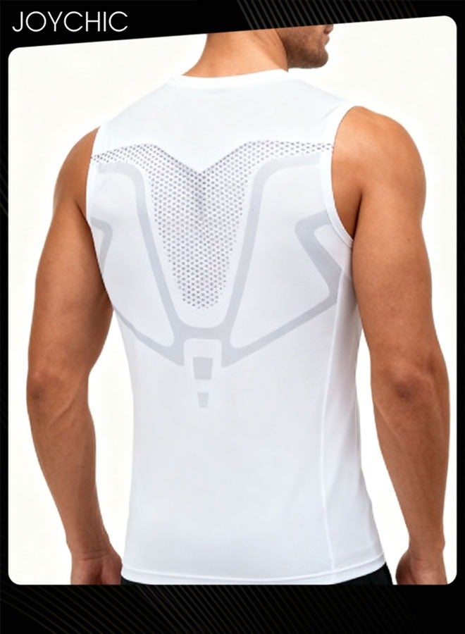 جوي شيك سترة رياضية للرجال سريعة الجفاف وقابلة للتنفس، لباس ضيق عالي المرونة للياقة البدنية وكرة السلة والجري والتدريب بكتف عريض تي شيرت للتنحيف ومشكل الجسم لجميع المواسم باللون الأبيض - Image 3