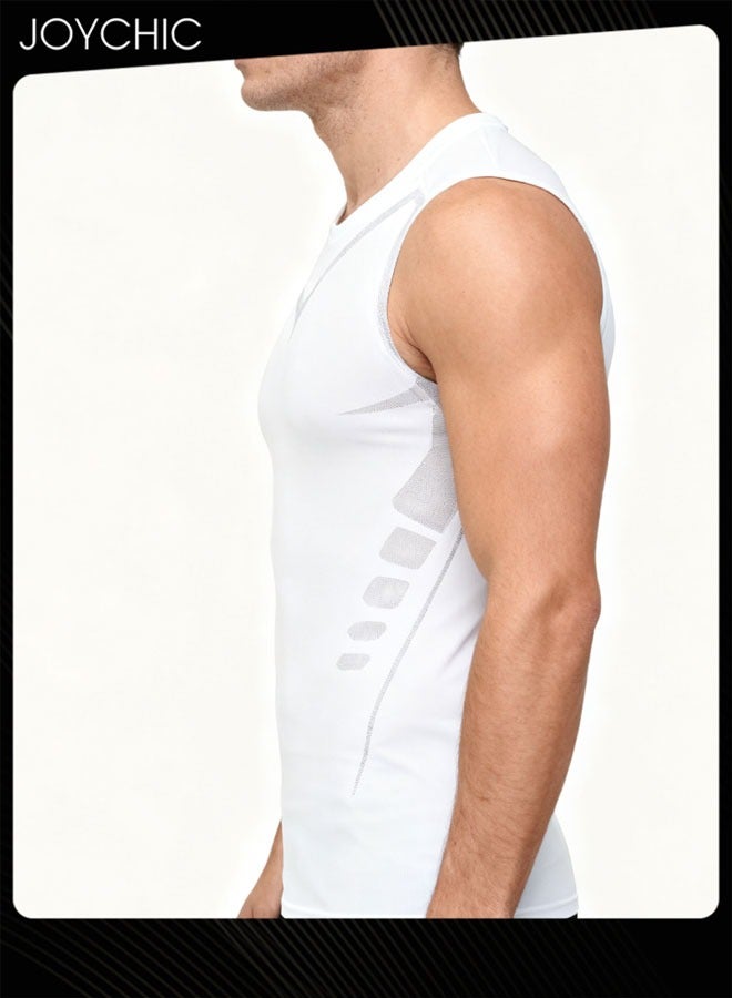 جوي شيك سترة رياضية للرجال سريعة الجفاف وقابلة للتنفس، لباس ضيق عالي المرونة للياقة البدنية وكرة السلة والجري والتدريب بكتف عريض تي شيرت للتنحيف ومشكل الجسم لجميع المواسم باللون الأبيض - Image 2
