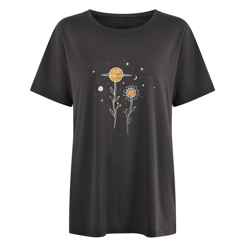 Loose Casual Women's Retro Style Women's Clothing Plant Flower Planet Moon Print Short Sleeve T-Shirt - Image 1