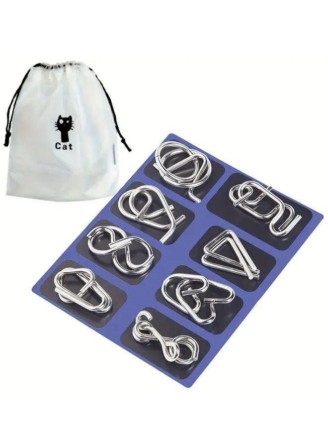 8pcs Blue Iron Brain Teaser Puzzle Set Chinese String Logic Toy For Kids Teens Adults - Image 1