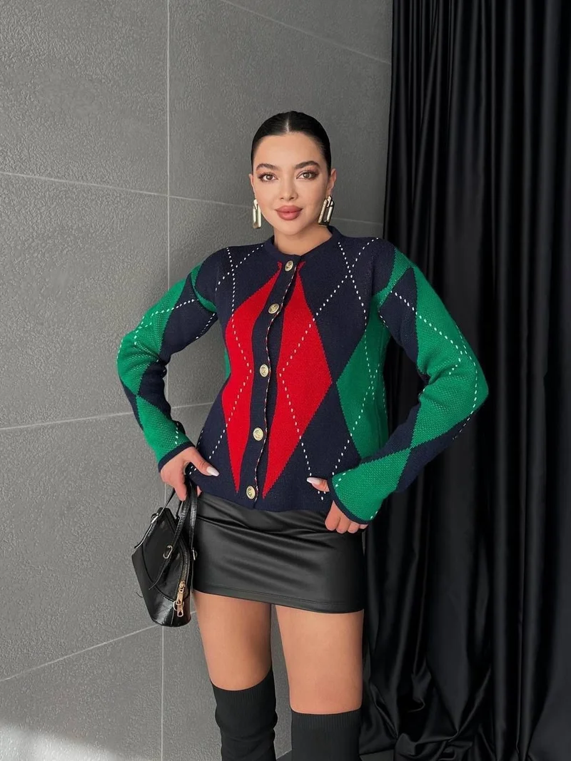 Ded Collection Women's Diamond Patterned Button Detailed Navy Blue Stylish Knitwear Cardigan