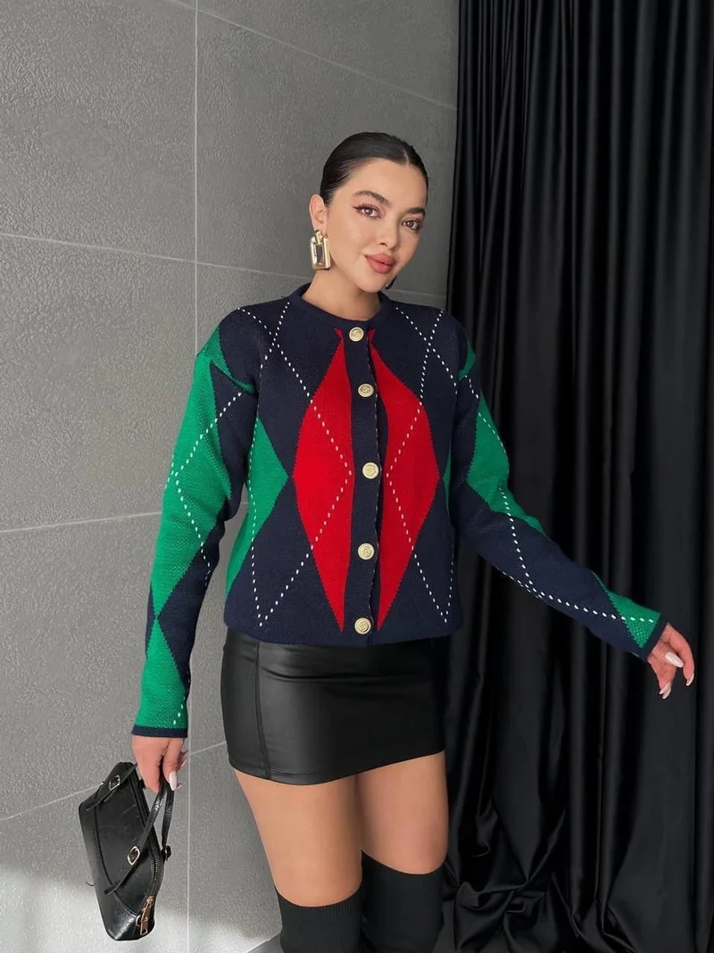 Ded Collection Women's Diamond Patterned Button Detailed Navy Blue Stylish Knitwear Cardigan