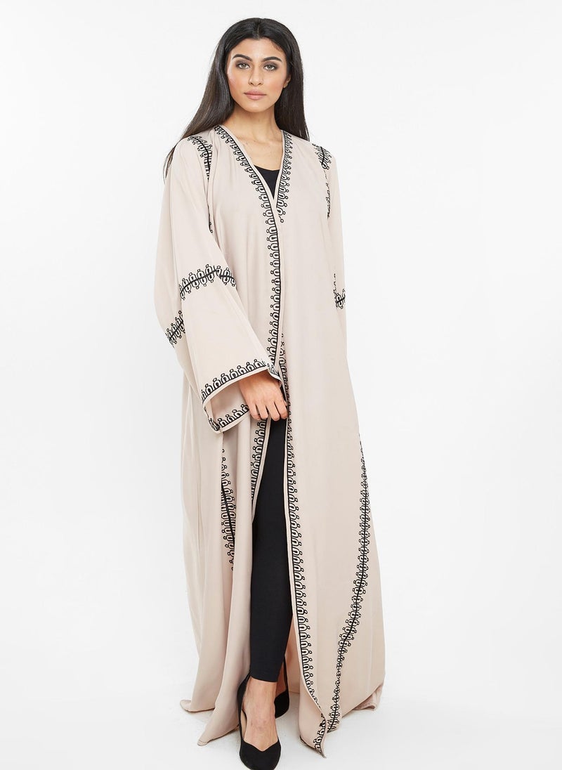 NUKHBAA Beige color open abaya with embroidery-SQ190A - Image 1