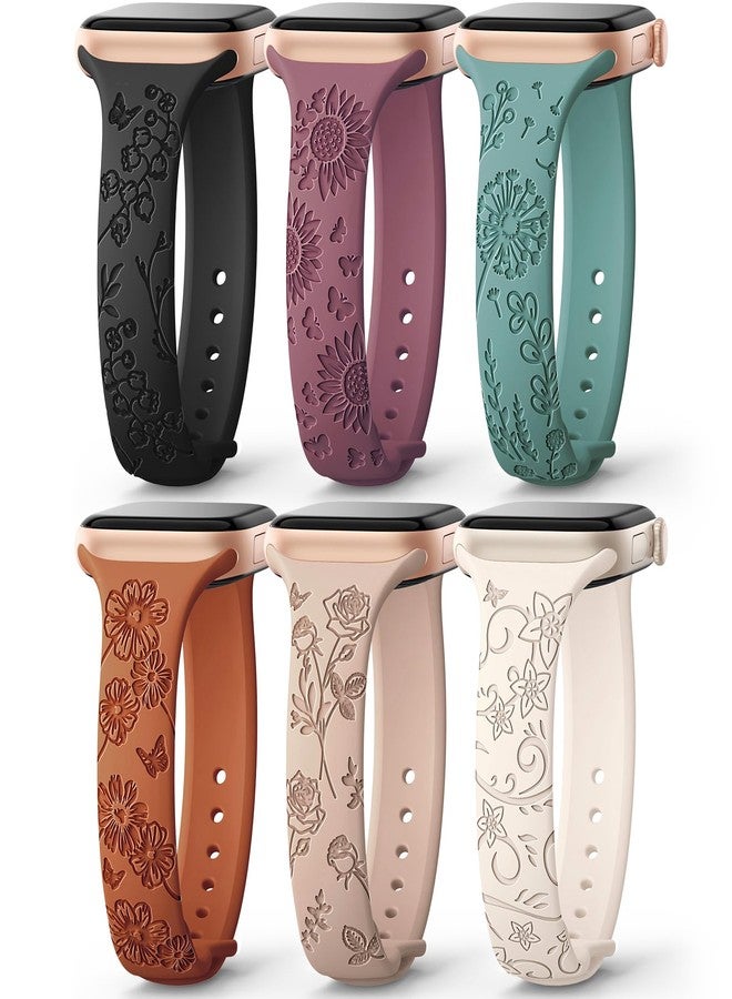 امسكاي مجموعة AMSKY من 6 أساور رفيعة محفورة بنقوش زهرية، متوافقة مع ساعات Apple Watch بمقاسات 40 مم، 41 مم، 42 مم، 38 مم، 44 مم، 45 مم، 46 مم، 49 مم، للنساء. سوار رياضي أنيق من السيليكون لساعات iWatch Series 10 Ultra و9 و8 و7 و6 و5 و4 و3 و2 و1 وSE. - Image 1