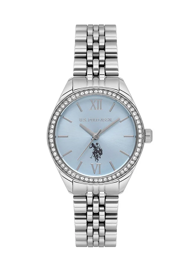 U.S. Polo Assn. U.S. Polo Assn. Stile Ladies' 30mm Watch with Sky-Blue Dial & Shimmering Diamonds on Stainless Steel Band - USPA2085-03, Elegant Fashion Accessory
