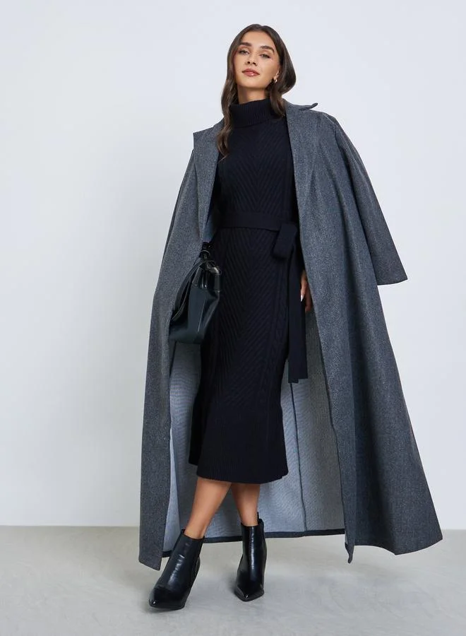 Styli Black Ribbed Knit Sweater Midi Dress with Belt