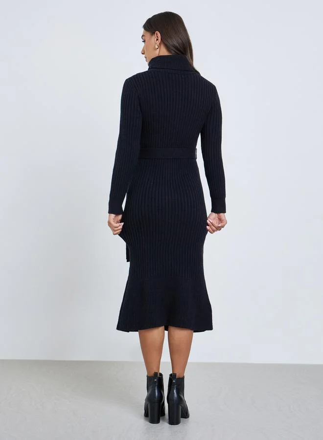 Styli Black Ribbed Knit Sweater Midi Dress with Belt