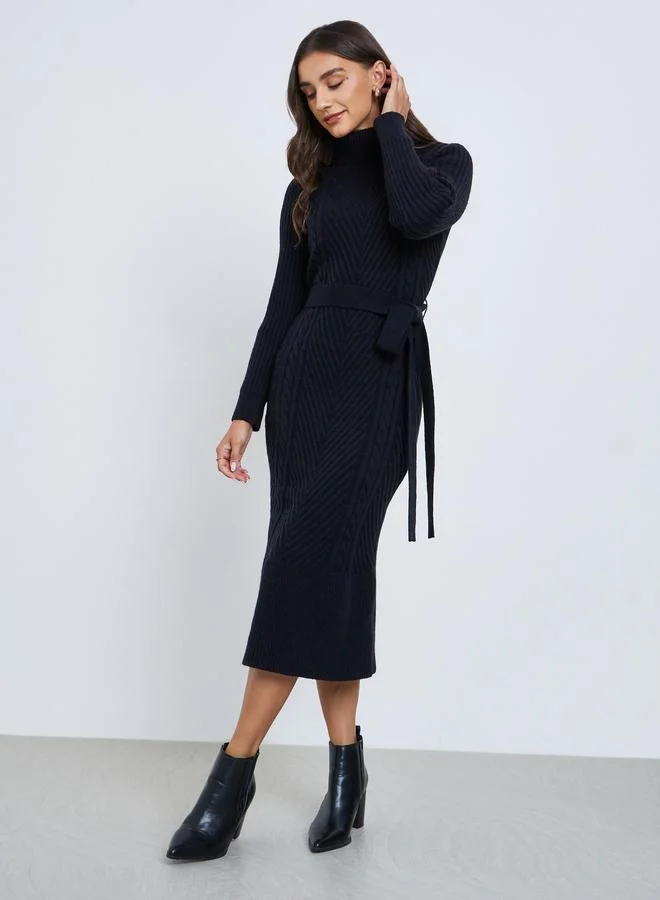 Styli Black Ribbed Knit Sweater Midi Dress with Belt
