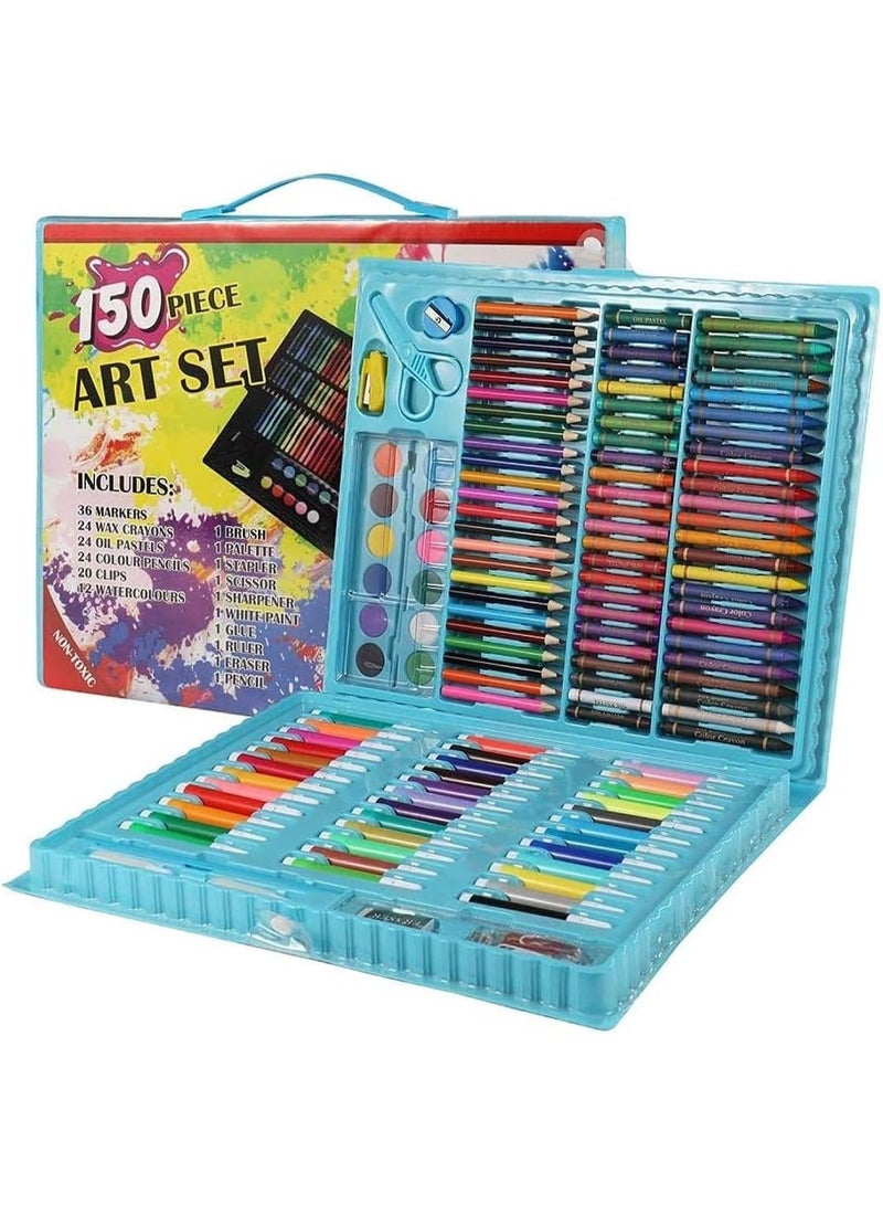 مجموعة أدوات فنية فاخرة للأطفال للرسم والتلوين 150 قطعة | صندوق فني محمول - أزرق - Image 2