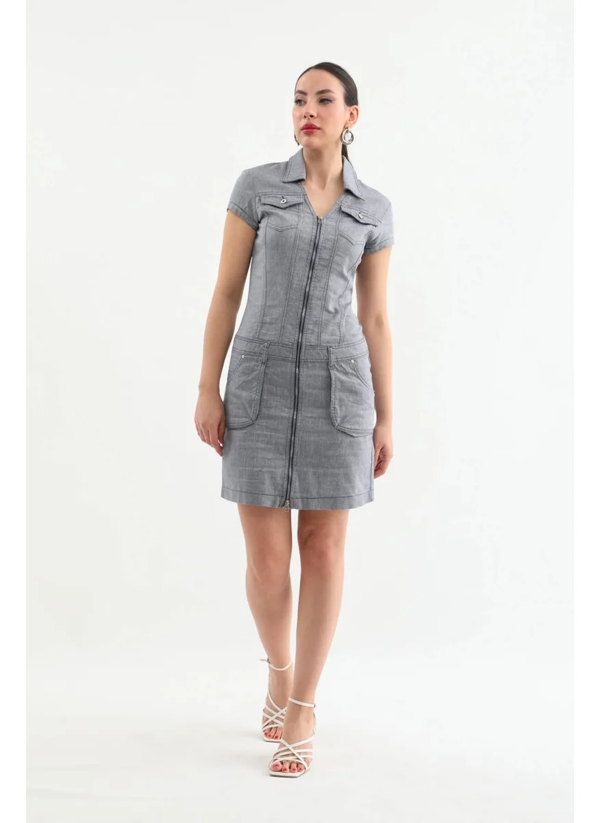 باني جينز Collared Zipper Gray Jean Dress