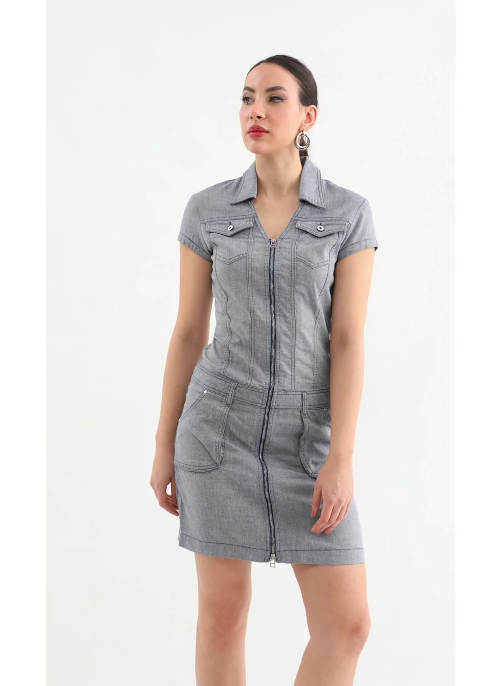 باني جينز Collared Zipper Gray Jean Dress