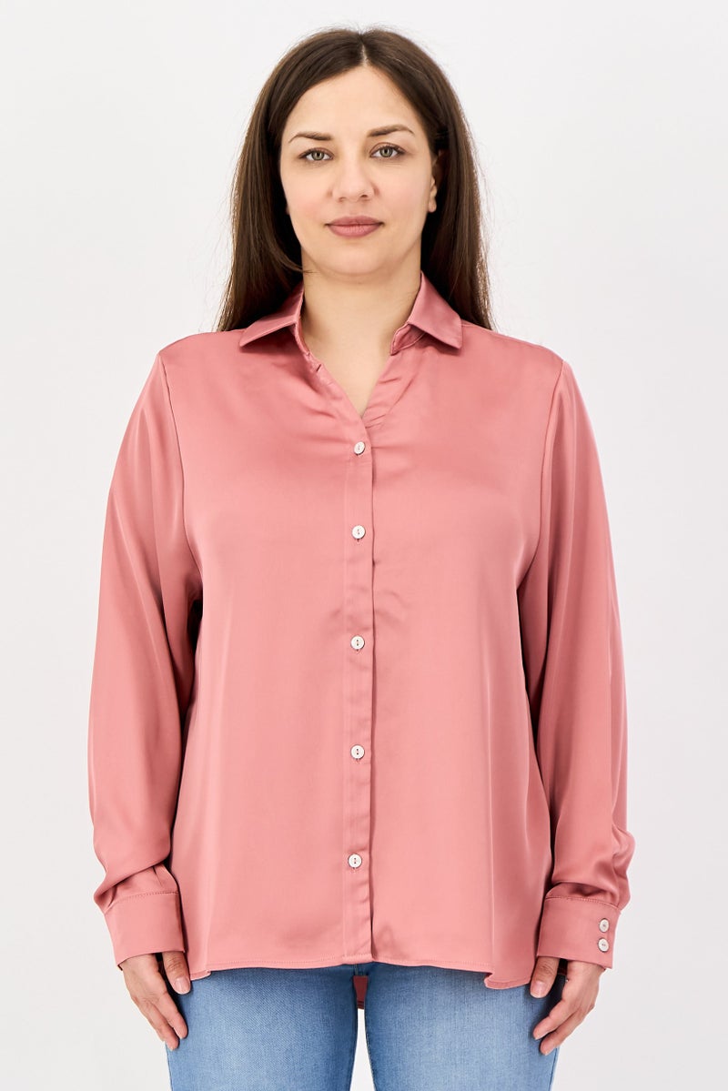 bebe Women Spread Collar Long Sleeves Plain Shirt, Old Rose - Image 1