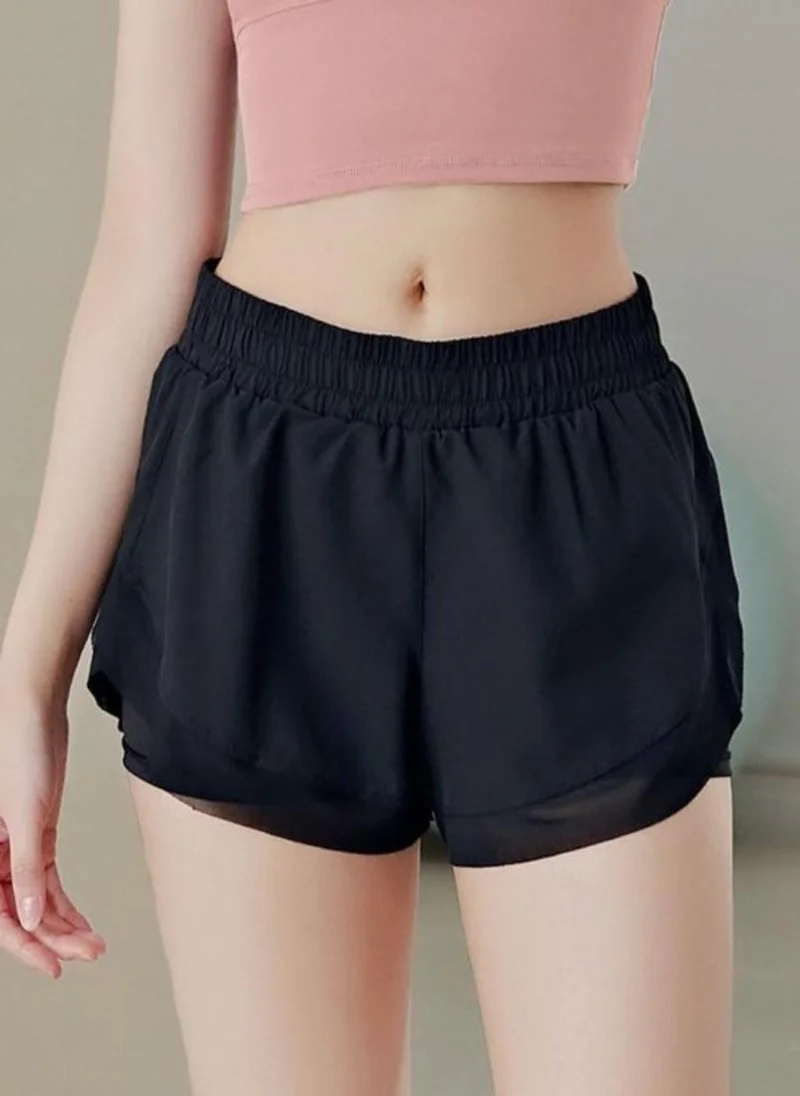 YUNIQEE Black solid mid-rise yoga sports shorts