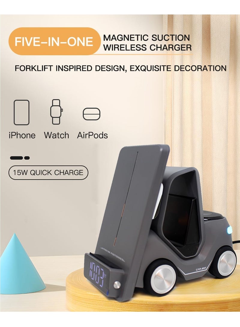 ELTRAZONE 5-in-1 Wireless Charging Station with Digital Clock & Night Light – 15W Fast Charger for Phones, 2.5W Smart Watch Dock, 5W Earbuds Pad – Forklift-Style Smart Desktop Stand with Type-C Input – Multifunctional Charging Hub (Gray)  - Image 2