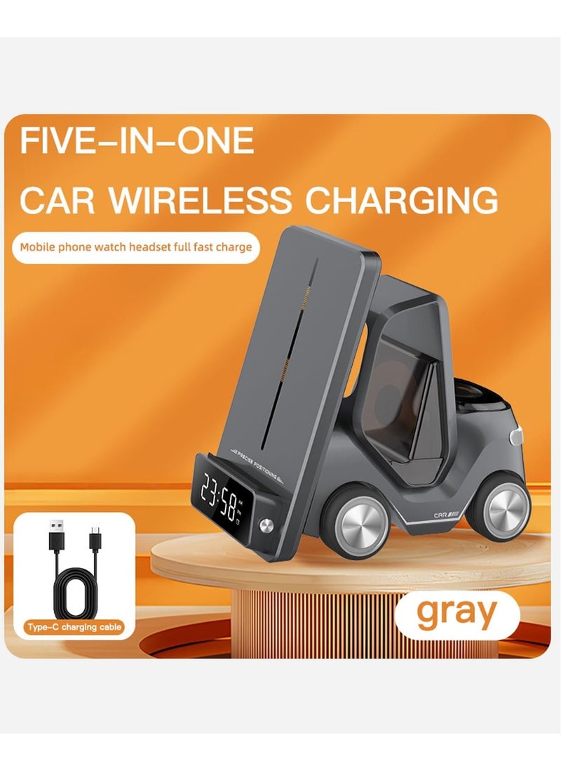ELTRAZONE 5-in-1 Wireless Charging Station with Digital Clock & Night Light – 15W Fast Charger for Phones, 2.5W Smart Watch Dock, 5W Earbuds Pad – Forklift-Style Smart Desktop Stand with Type-C Input – Multifunctional Charging Hub (Gray)  - Image 5