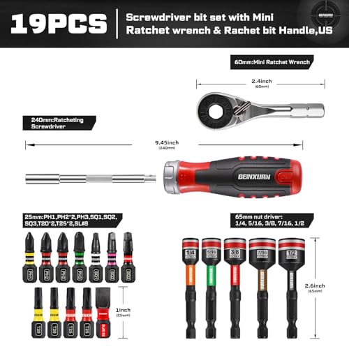 GEINXURN 19 Pieces Ratcheting Screwdriver Set and Socket Wrench Set Mini Rachet Wrench Rachet Screwdriver Handle and Nut Driver with 12 Pcs Impact Screwdriver Bit Hand Tools Set for Repair DIY - Image 3