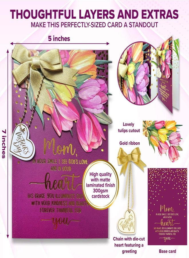 Decorably Gold Foiled 5x7in Handmade Individual Happy Mothers Day Card Religious with Tulip Cutout, Ribbon & Die-Cut Heart with Envelope & Stickers for Moms, Grandmas, Printed Message, Gifting - Image 5