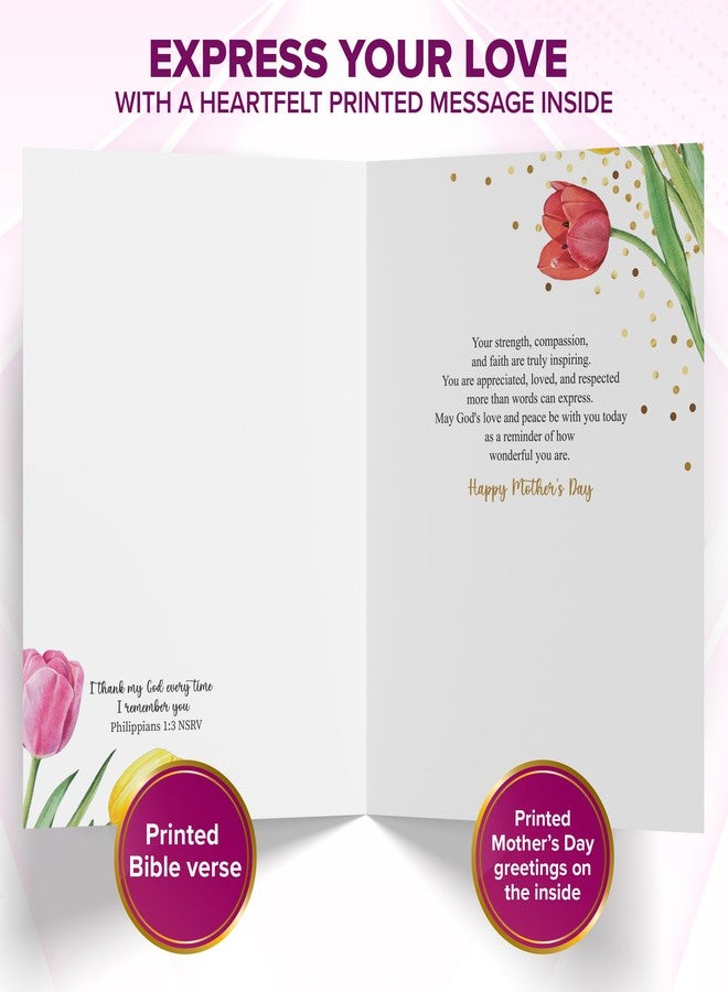 Decorably Gold Foiled 5x7in Handmade Individual Happy Mothers Day Card Religious with Tulip Cutout, Ribbon & Die-Cut Heart with Envelope & Stickers for Moms, Grandmas, Printed Message, Gifting - Image 2