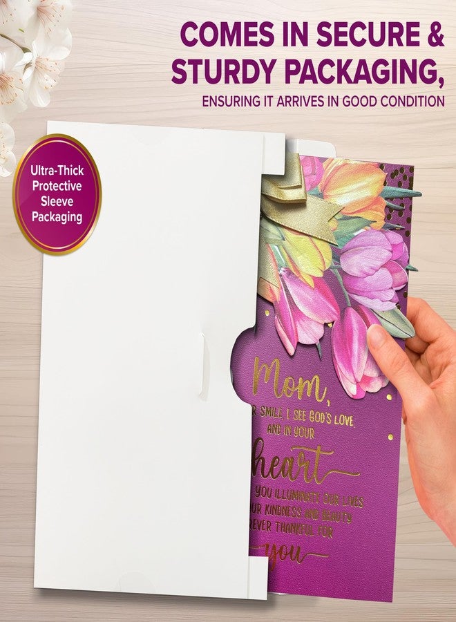 Decorably Gold Foiled 5x7in Handmade Individual Happy Mothers Day Card Religious with Tulip Cutout, Ribbon & Die-Cut Heart with Envelope & Stickers for Moms, Grandmas, Printed Message, Gifting - Image 3