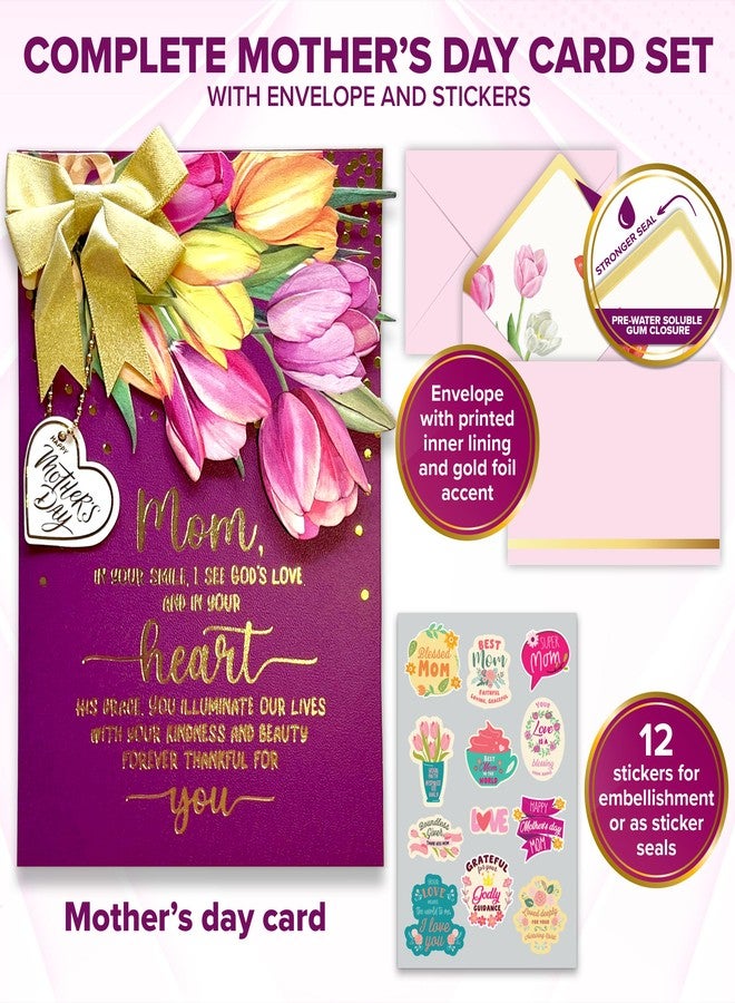 Decorably Gold Foiled 5x7in Handmade Individual Happy Mothers Day Card Religious with Tulip Cutout, Ribbon & Die-Cut Heart with Envelope & Stickers for Moms, Grandmas, Printed Message, Gifting - Image 4