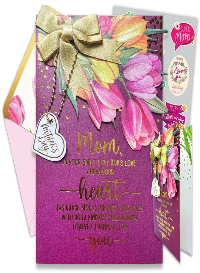 Decorably Gold Foiled 5x7in Handmade Individual Happy Mothers Day Card Religious with Tulip Cutout, Ribbon & Die-Cut Heart with Envelope & Stickers for Moms, Grandmas, Printed Message, Gifting - Image 1