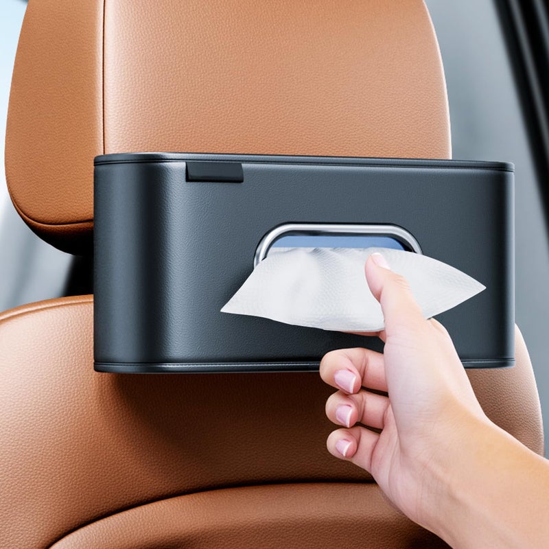 MTGOCHA Car Tissue Holder, Large Tissue Box Cover Keep Tidy, Premium PU Leather Backseat Napkin Holder Tissues Dispenser for Car Fits Standard 80-160 Count Tissue Boxes, Black - Image 1