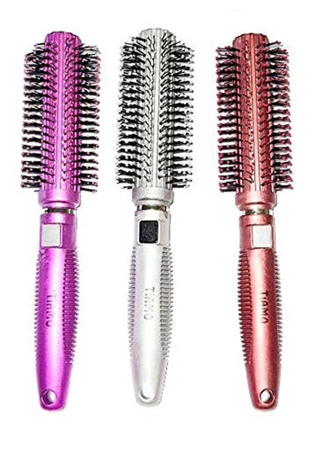 Tiamo Round Plastic Hair brush set pink, brown and silver - Image 1