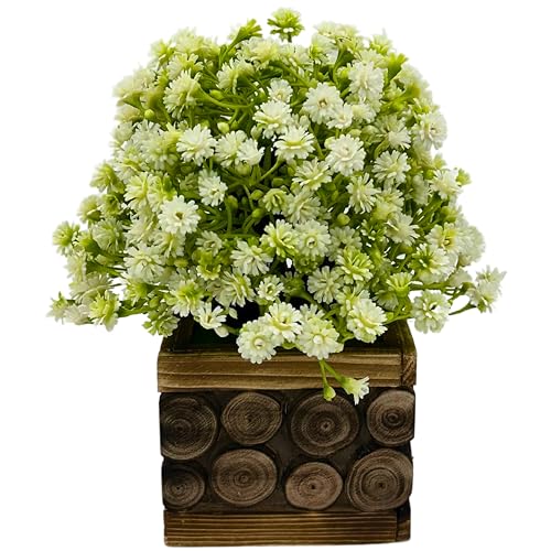 Tdas Artificial Flower Plants Leaves Wooden Potted Flowers Home Decor Greenery Eucalyptus Small Faux with Pot for Indoor Shelf Desk Bathroom Bedroom Office Decoration (White) - Image 1