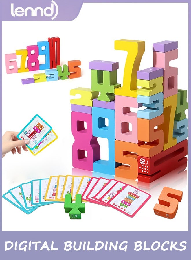 LENND Wooden Number Building Blocks - 20Pcs Stacking for 3+ Years Old Kids, Digital Building Blocks, 1-10 Digital Blocks Toys, Balance Competition Toy, Educational Gift for Boys and Girls - Image 1