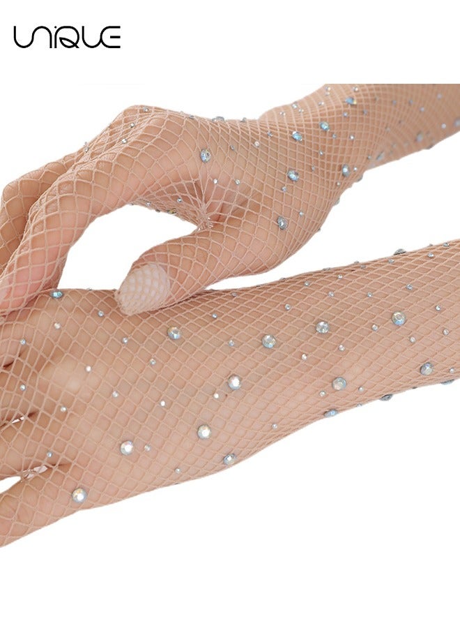 Unique Fishnet Long Gloves - 1920s Retro Five Finger Arm Sleeves with Rhinestone Clothing Accessory for Prom Party(Complexion) - Image 2