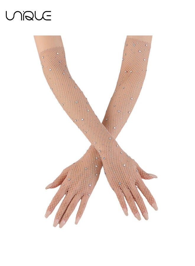 Unique Fishnet Long Gloves - 1920s Retro Five Finger Arm Sleeves with Rhinestone Clothing Accessory for Prom Party(Complexion) - Image 1