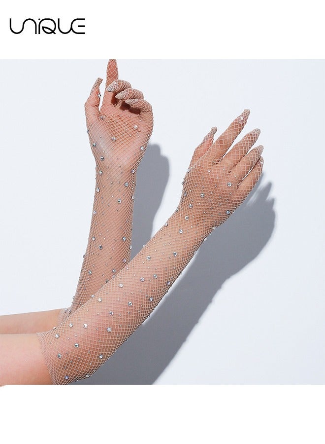 Unique Fishnet Long Gloves - 1920s Retro Five Finger Arm Sleeves with Rhinestone Clothing Accessory for Prom Party(Complexion) - Image 4