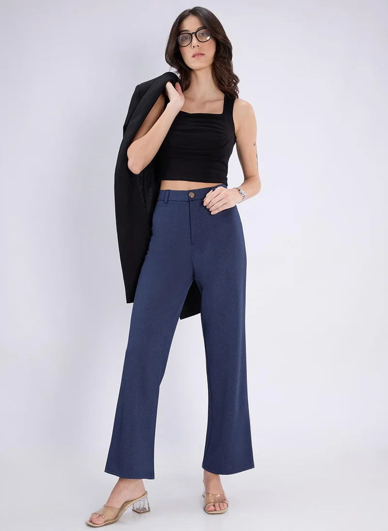 globus Globus Women Navy Blue Checkered Mid Rise Regular Fit Wide Leg Formal Trousers