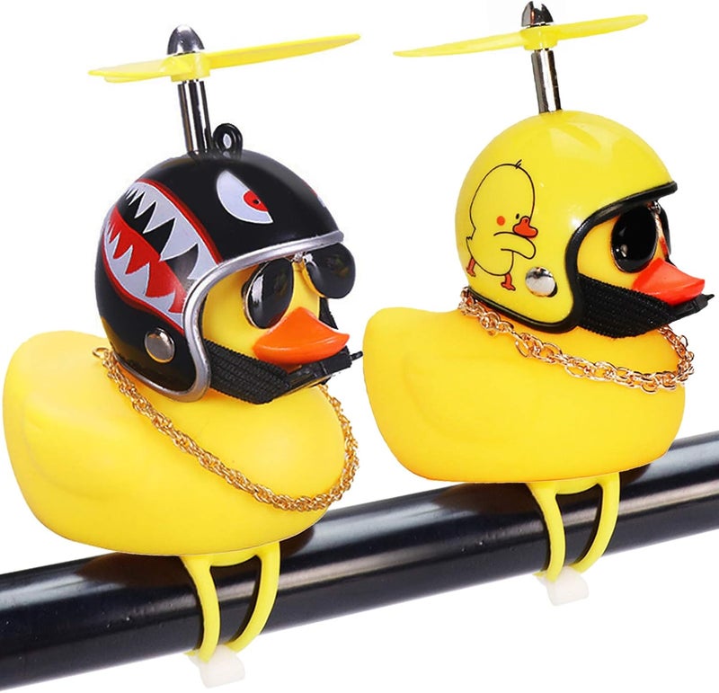wonuu Rubber Duck Car Ornaments, 2Pcs Yellow Duck Car Dashboard Decorations Squeeze Duck Bicycle Horns with Propeller Helmet - Image 1