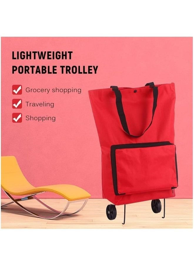 GGEROU Shopping Bag Trolley With Wheels, Shopping Bag Portable Foldable Luggage Bag Multi-Function Oxford Tote bag Shopping Cart,Red  - Image 2