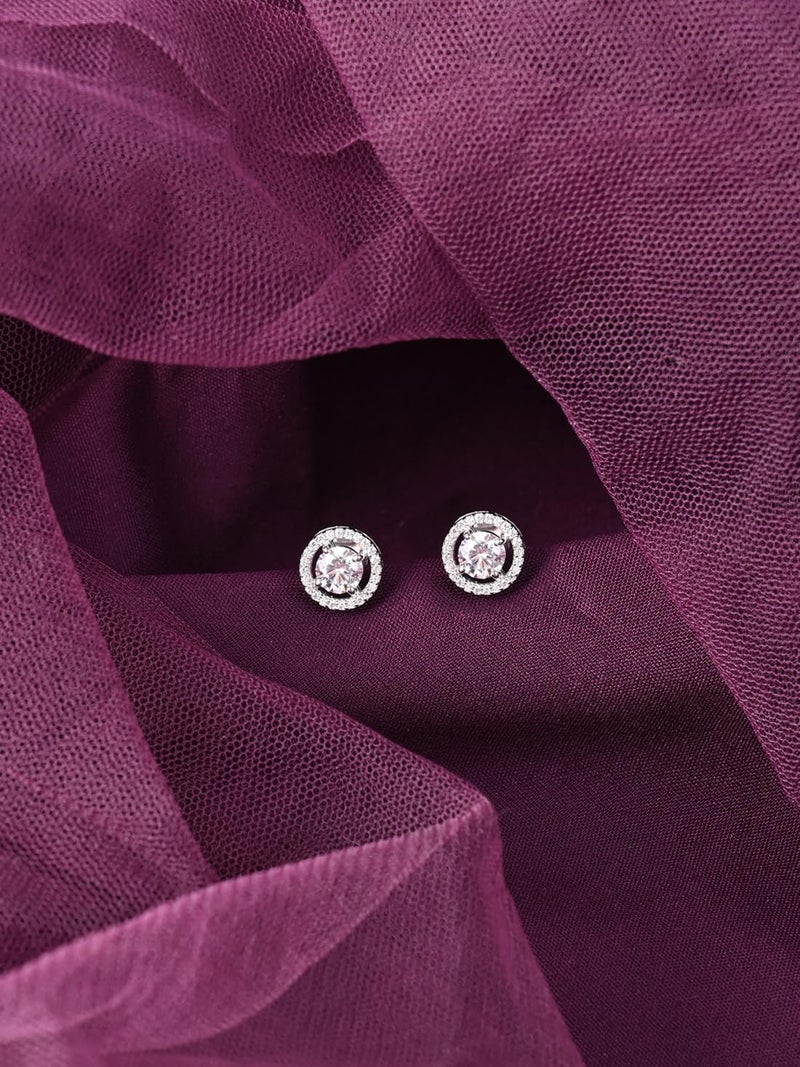 CLARA 925 Sterling Silver Halo Round Solitaire Stud Earrings | Platinum Plated, Swiss Zirconia |Gift for Women and Girls - Image 2