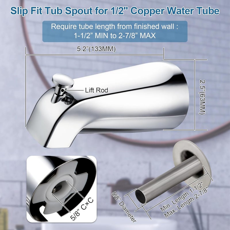 Dreyoo Tub Spout Kit Compatible with American Standard 8888026.002, Slip On Diverter Tub Spout with Metal Cover Ring and Gasket, Bathroom Bathtub Faucet Fits 1/2'' Copper Water Tube(Polished Chrome) - Image 2