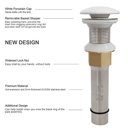 GZILA Vessel Sink Drain Without Overflow, White Pop-Up Drain with Basket Stopper, Bathroom Vanity Ceramic Brass Strainer Hair Catcher, Anti-Clogging Brushed Nickel, Porcelain Cap - Image 5