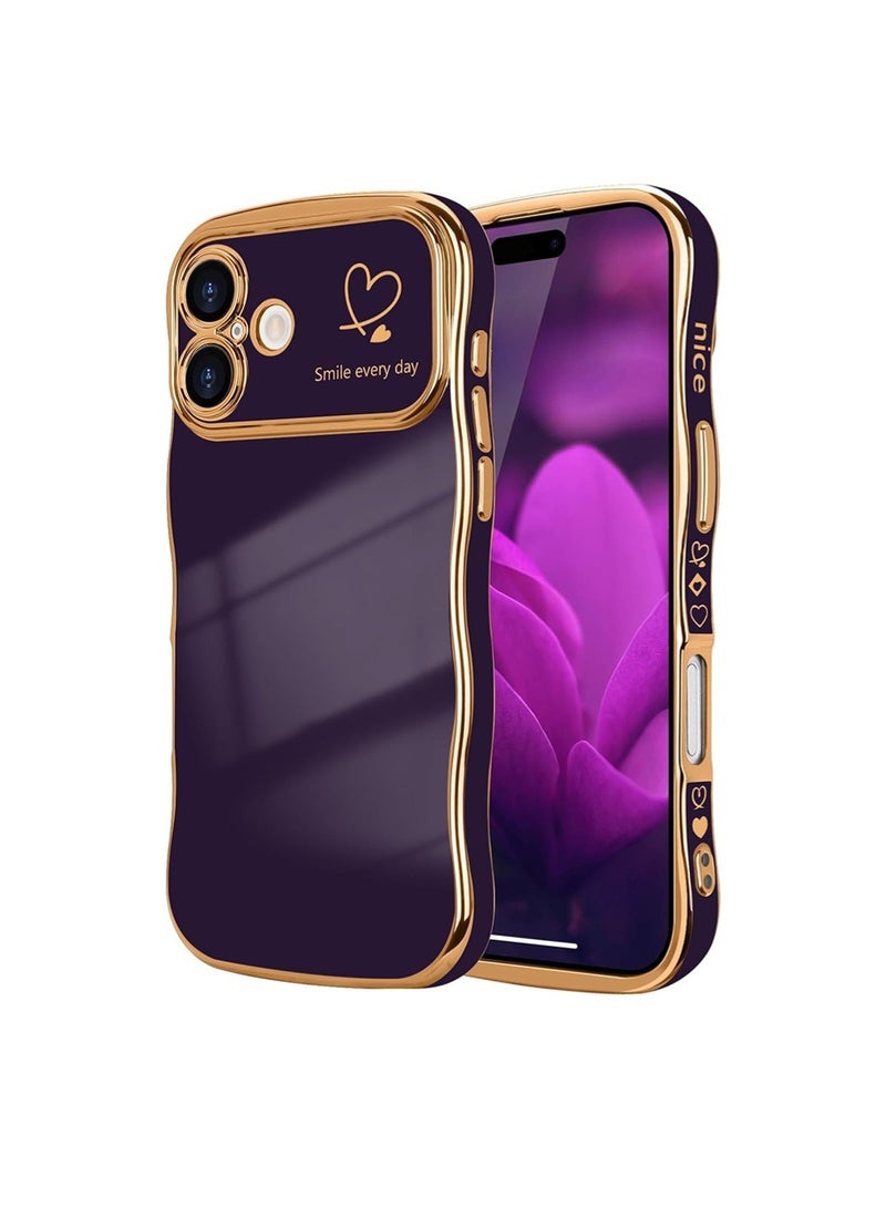 WRISTWISE Case Cover for iPhone 17, Cute Wave Frame Curly Shape with Love Heart Pattern Raised Camera Protection Cover Luxury Plating Shockproof Phone Case for iPhone 17, Purple - Image 1