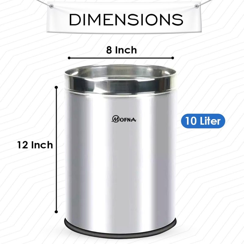 mofna Stainless Steel Open Type Solid Dustbin Without Lid - Recycle Bin, Trash Can, Paper Bin - Modern and Durable Waste Management Solution (Silver, 8x12 Inch, 10 Liter) - Image 2