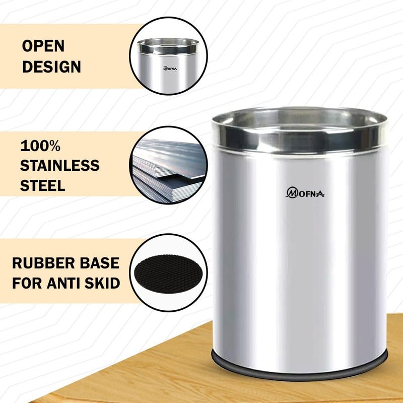 mofna Stainless Steel Open Type Solid Dustbin Without Lid - Recycle Bin, Trash Can, Paper Bin - Modern and Durable Waste Management Solution (Silver, 8x12 Inch, 10 Liter) - Image 3