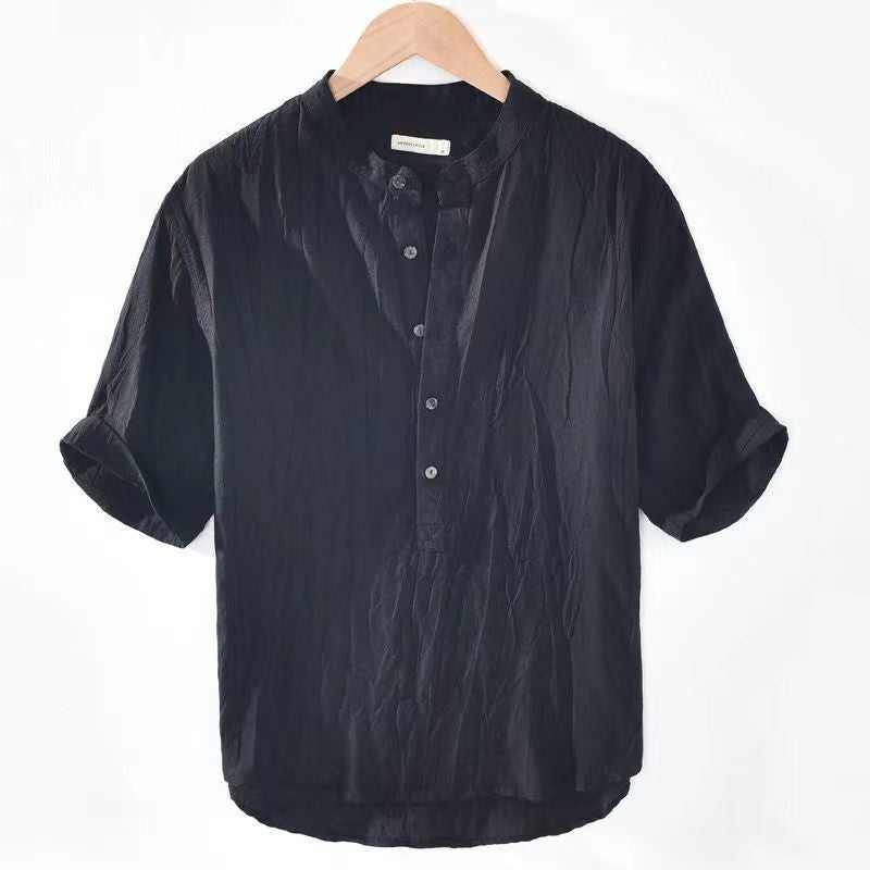 Pure Linen Short-Sleeved T-Shirt Men'S Summer Chinese-Style Loose Thin V-Neck Top Retro Casual Half-Sleeved Linen T-Shirt - Image 1