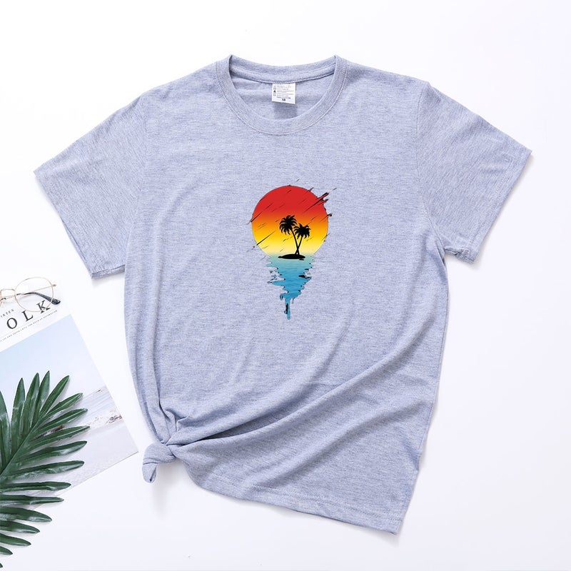 Spot 2023 European and American Sunset Beautiful Pattern Casual Women's Top Coconut Tree Printed Short Sleeve Women's T-Shirt - Image 1