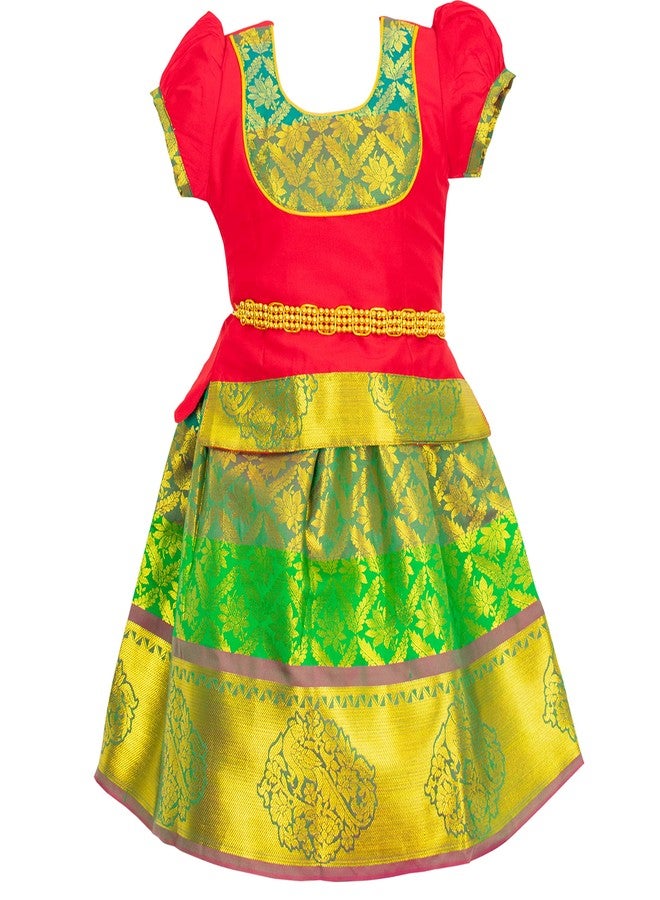 amirtha fashion فستان أميرثا فاشن التقليدي الجاهز للفتيات من قطن الحرير الهندي الجنوبي باتو بافاداي ليهينغا تشولي باركار بولكا (أحمر، 12-24 شهر)  - Image 1