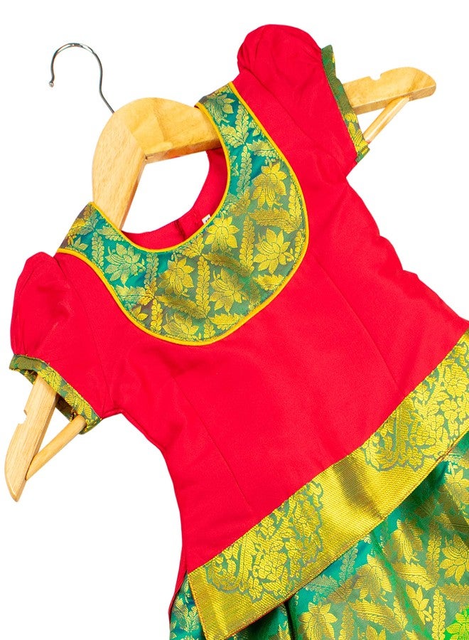 amirtha fashion فستان أميرثا فاشن التقليدي الجاهز للفتيات من قطن الحرير الهندي الجنوبي باتو بافاداي ليهينغا تشولي باركار بولكا (أحمر، 12-24 شهر)  - Image 3