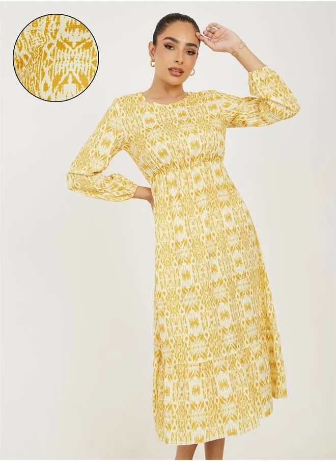 تايك تو Round Neck All Over Print A-Line Midi Dress